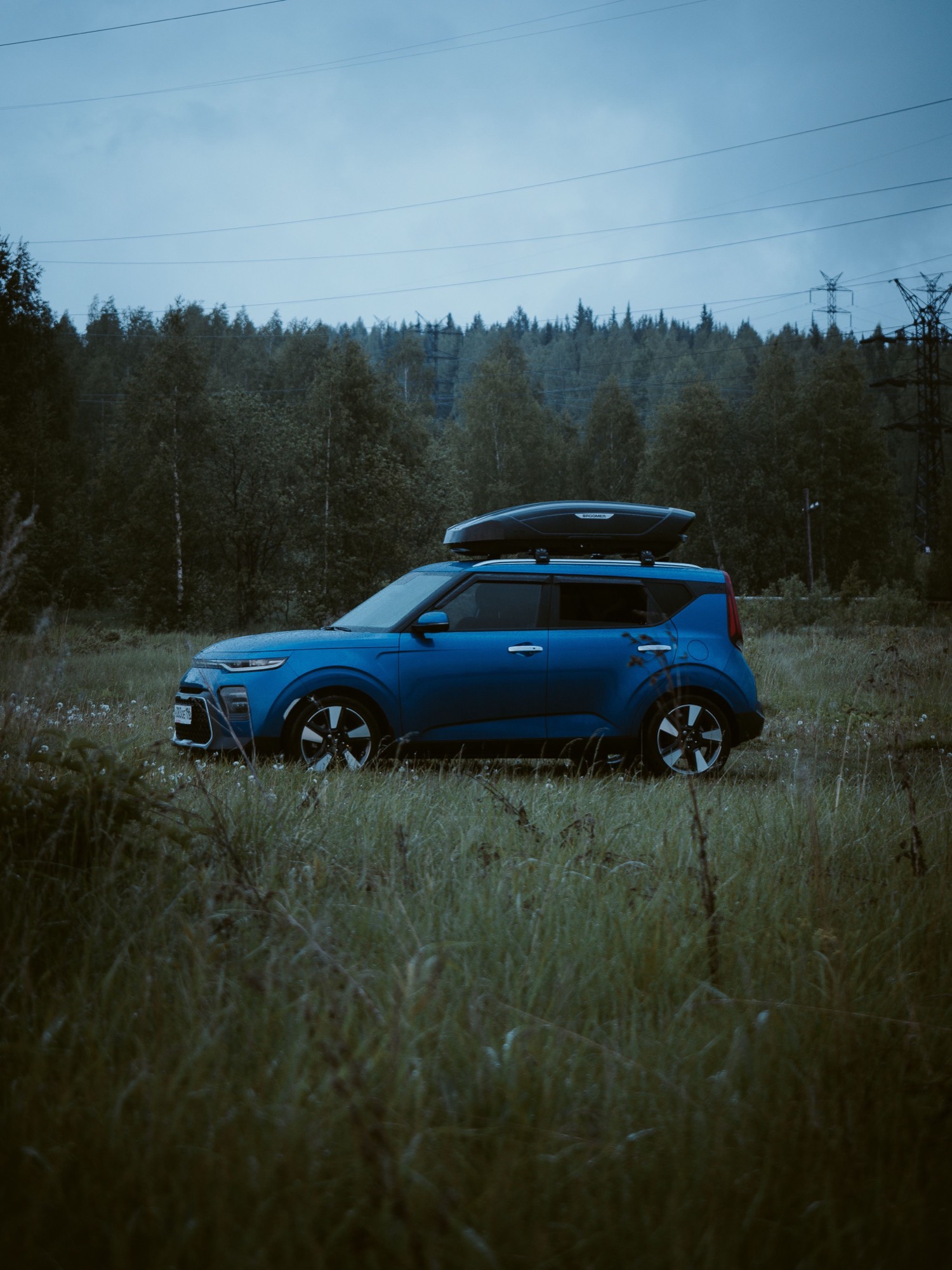 Car with a roof box parked by a forest